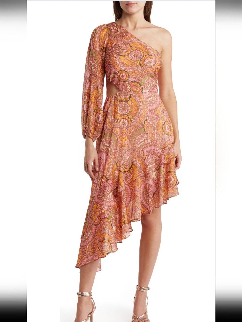 BCBGeneration One-Shoulder Paisley Cutout Dress in Pink and Gold NWOT